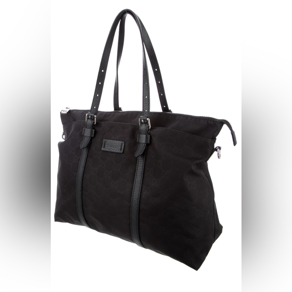 Gucci Black Nylon GG Monogram Tote Bag with Leather Trim